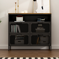 Armoire de rangement moderne en métal grillagé avec plateau en bois, design modulaire, grande capacité, construction durable - Multi-compartiments pour salons