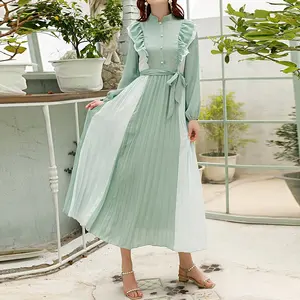 女性の春のスタンドアップカラーフレンチレトロフリルフォールドデザイン薄い気質ミディアムロングドレス