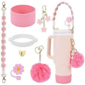 Ensemble de tasses isothermes avec bouchon de paille en silicone, porte-clés, corde tressée rechargeable, pendentif boule de fleurs pour tous les types d'eau - Product Image 5