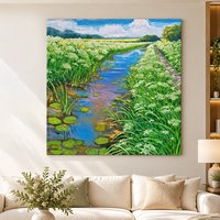 Peinture sur toile, voies navigables vertes, fleurs blanches, nénuphars bleus, art mural, décoration de salon, décoration de la maison