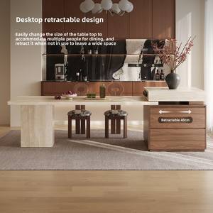 Table de salle à manger extensible multifonctionnelle en pierre frittée avec bordure en travertin, style français du milieu du siècle, avec rangement intégré, mobilier de maison - Product Image 3