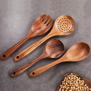 武龍エコフレンドリーチークウッドキッチン用品セット（スプーン、スパチュラ、スロット付きパスタスプーン付き） - Product Image 5