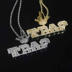 Iced Out Bling Micro Pave CZ Cubic Zircon Letter TRAP Colgante Collares con cadena de cuerda Joyería de hip hop - Product Image 5