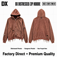 Sweat-shirt à capuche entièrement zippé en molleton marron délavé personnalisé 360 g/m² avec empiècements vieillis, poche kangourou et ourlet effiloché brut, style streetwear OEM ODM