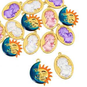 Pendentif ovale en acier inoxydable gaufré style rétro européen-américain, motifs Beauté, Portrait, Lune, Soleil, pour la création de colliers - Product Image 4