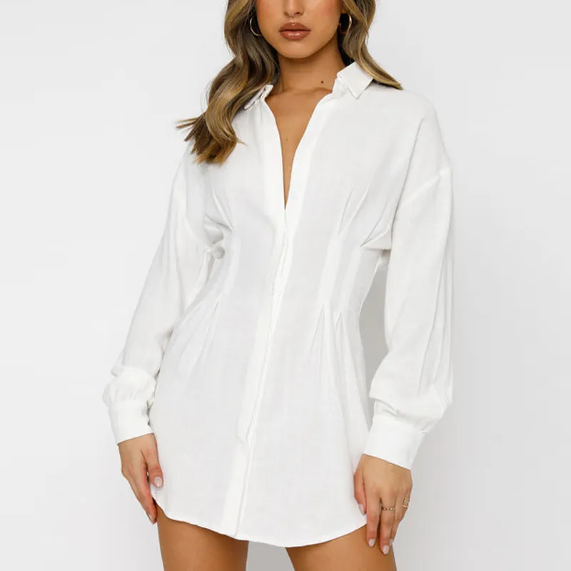 White Women Long Sleeve Cotton Party Elegant Casual Sexy Shirt Dress For Women