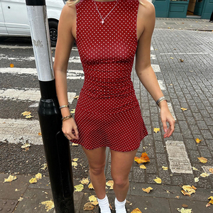 Vestido Mini de Verano Personalizable para Mujer, Sin Mangas, Corte en A, con Bloques de Color y Puntos, Cuello Redondo, Dulce y Lindo - Product Image 2