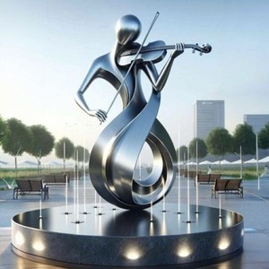 Sculpture contemporaine abstraite de violoniste en acier inoxydable, statue de musicien avec finition métallique polie - Product Image 1