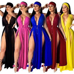 Vestido de playa con banda para el pelo para mujer, traje de baño con detalles divididos, <span class=keywords><strong>sin</strong></span> mangas, <span class=keywords><strong>Kimono</strong></span> de gasa, 5 colores disponibles - Product Image 1