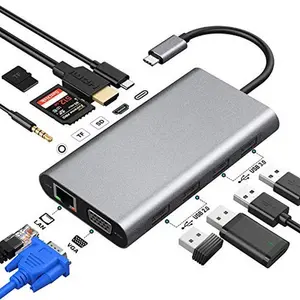 11 in 1 USB C 허브 유형 C 어댑터 4K HDTV VGA RJ45 Lan 이더넷 SD/TF 허브 3.5MM AUX 11 포트 도크 스테이션 노트북 스플리터