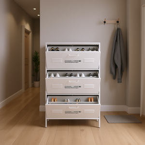 Armoire de rangement pour chaussures avec 3 tiroirs rabattables, cadre en métal blanc, organisateur d'entrée, design minimaliste moderne, meubles de salon - Product Image 2