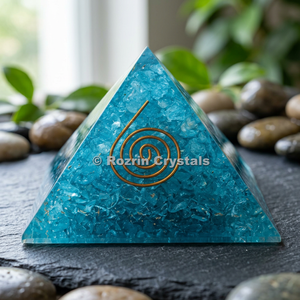 Pirámide de Orgonita con Cristales de Fluorita Azul Rozrin, con Incrustaciones de Espiral de Cobre Tallado, Tema Budista, Decoración para el Hogar - Product Image 2