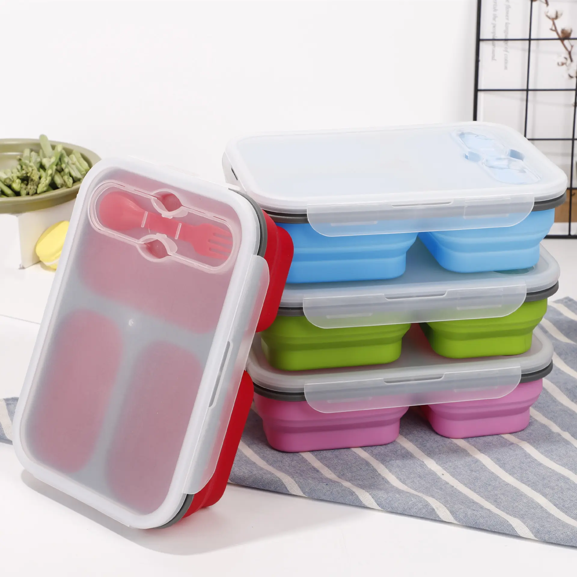 Kotak makan silikon lipat 3 kompartemen, set kotak makan siang anak-anak, wadah penyimpanan makanan bayi yang dapat dilipat dengan tutup