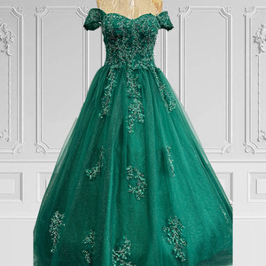 Off Shoulder Emerald Green Ball Gown Empire Waist Floral Print Evening Dress For Women Formal Party Prom Attire - Product Image 3