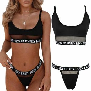 Vente en gros Nouveau soutien-gorge romantique pour femmes Ensemble soutien-gorge de sport lettre creuse transparente String sexy pour femmes - Product Image 2
