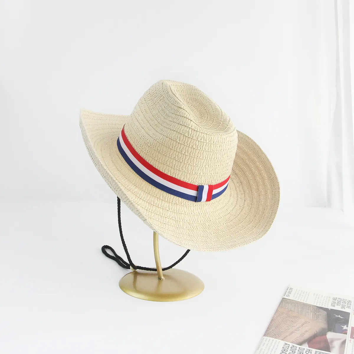 Summer Breathable Binding Red white and blue stripes Wide Brim Edge Western Straw Braided