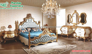 Meubles de chambre à coucher en bois de teck, ensemble moderne aspect luxueux, sculpté, Style européen Antique avec finition dorée - Product Image 5