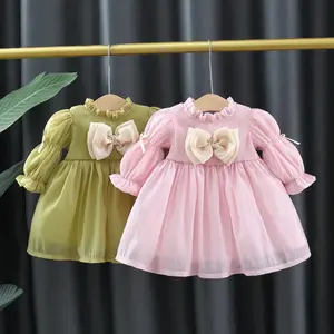 Langärmliges Doppel-Bowknot-Mädchen-Mullrock kleid im koreanischen Stil mit heißen Quellen