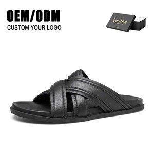 Tongs d'été en cuir véritable pour hommes à la mode sandales à semelle souple antidérapantes en plein air plage couche supérieure pantoufles en peau de vache Logo personnalisé - Product Image 1