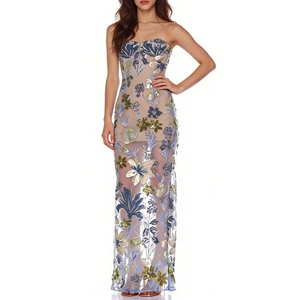 Robe longue bustier en maille brodée florale à sequins pour femme - Robe moulante transparente superposée tendance - Product Image 1