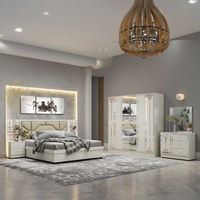DAVINI Ensemble de meubles de chambre à coucher moderne en MDF/bois avec miroir, tête de lit éclairée, rangement intégré, lit réglable de 1,8 m, finition beige brillant