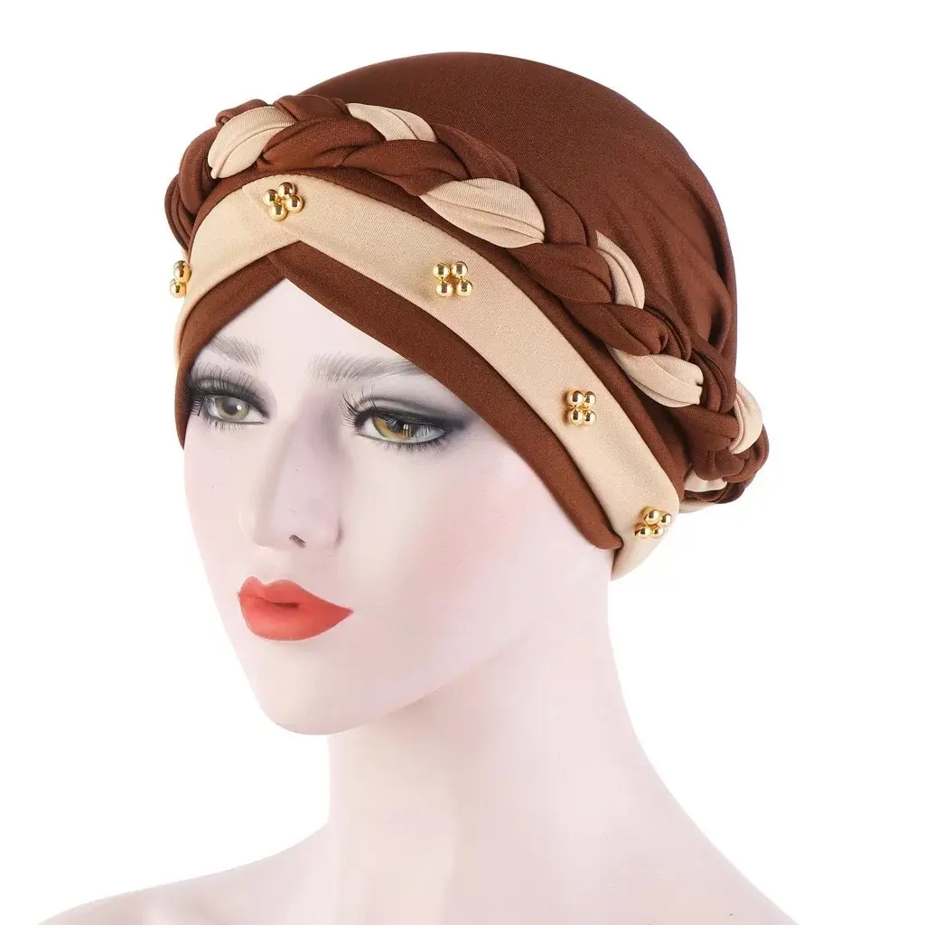 Gorro de Hijab musulmán para mujer, turbante elástico de perla sólida trenzada con nudo suave para dormir, nuevo diseño, venta al por mayor