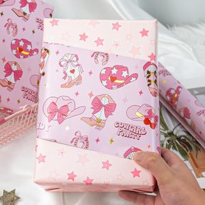 Homeral Pink Cowgirl Wrapping <b>Paper</b> Roll 17In x 32.8Ft Reversible Gift Wrap With Western Boots Hat Cherry <b>Pattern</b> For Girls - Product Image 6