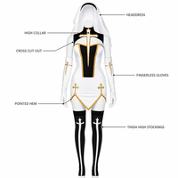 Costume de cosplay de nonne sexy pour femmes, ensemble de robe moulante à découpes croisées en 4 pièces avec bordure dorée pour fête d'Halloween et jeu de rôle