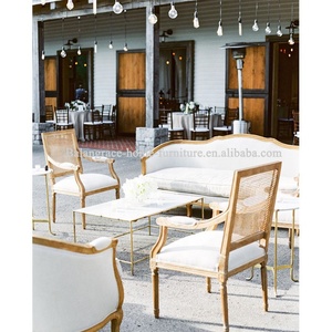 फ्रेंच विंटेज ओक दो सीट असबाब वापस प्राकृतिक लिनन के कपड़े शादी घटना किराये सोफे शादी loveseat - Product Image 5