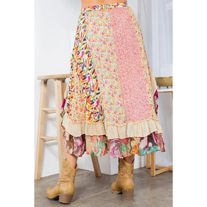 Falda midi estampada de algodón con volantes y tela tejida para verano, estilo casual. - Product Image 1