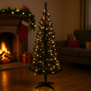D0100XF39EX Árbol de Navidad Artificial Delgado de 1.5m Estilo Lápiz con Luces LED Blanco Cálido, Base de Pie para Interiores con Enchufe - Product Image 2