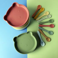 OKOLAY Assiette de repas et compartimentée pour bébé en silicone souple écologique, motif ours
