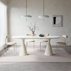 Mesa de comedor blanca crema estilo INS moderna de mediados de siglo, muebles de madera nórdica más fuertes con parte superior de pizarra de doble pata para hoteles - Product Image 1