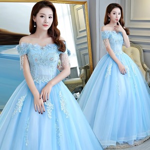 S1808L Vestido de princesa azul <span class=keywords><strong>cielo</strong></span> con manga de borla de un hombro Vestido de rendimiento para adultos Vestido de noche de banquete de lujo ligero de gama alta - Product Image 2