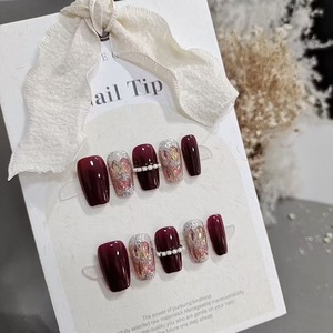 Hecho a mano cuadrado acrílico ABS Material a granel venta al por mayor 3D ataúd corto prensa de <span class=keywords><strong>uñas</strong></span> Simple <span class=keywords><strong>vino</strong></span> rojo francés perla Halal dedo - Product Image 2