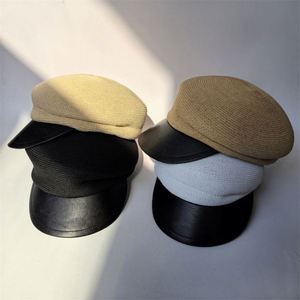 หมวกเบเร่ต์สไตล์อังกฤษแฟชั่นสำหรับผู้หญิง ฤดูใบไม้ผลิ ฤดูร้อน ป้องกันแสงแดด ขอบหมวกหนัง PU ตกแต่งด้วยฟางกระดาษ - Product Image 1