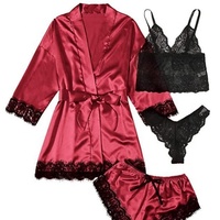 Peignoir de Nuit pour Femme 1 Pièce, Ensemble Pyjama Sexy en Satin et Dentelle, Robe de Nuit Courte d'Été Printemps, Taille Élastique, Respirant, Séchage Rapide