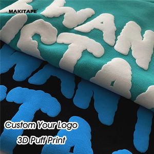 T-shirt en coton 100% personnalisé, style hip-hop décontracté, poids lourd, avec col rond, motif uni, logo imprimé en relief 3D - Product Image 2