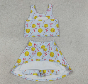 Ensembles de vêtements pour bébés filles, avec nœuds, motifs baseballs et softball, hauts, jupes, shorts, pour le yoga et les activités sportives, à bords festonnés - Product Image 3