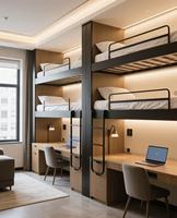 Lit de dortoir en bois personnalisable avec bureau, casier et armoire pour chambre, hôtel, école