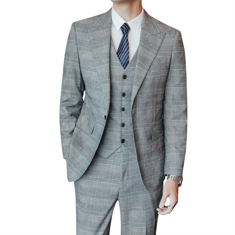 New Casual Men's Striped Plaid Suit High Class Mens Blazer Suit 3 Pieces Korean Business Formal Suit for Men