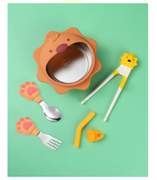 Bol en silicone avec cuillère fourchette paille baguettes dessin animé animal bol pour bébé