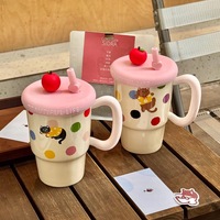 Mug de voyage en céramique à motif de dessin animé mignon, couvercle coloré, haute valeur esthétique, cadeau d'anniversaire pour filles, résistant aux hautes températures, compatible micro-ondes