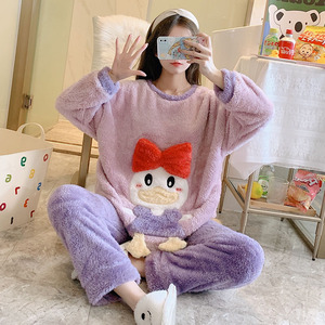 Hiver 2 Pièces Flanelle Cartoon Sleepwear Femme Coral Fleece Manches Longues Confortable Pyjama Epais Chaud - Product Image 5