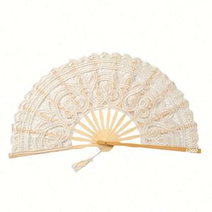 Éventail pliant en bambou de 27 cm avec dentelle blanche pour cadeaux promotionnels et d'affaires (vente en gros) - Product Image 1