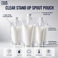 Pochettes souples transparentes personnalisées avec logo imprimé et bec verseur pour emballage de liquides (jus, boissons, lait)