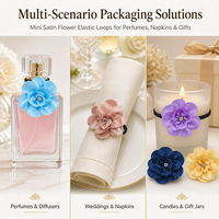 Vente en gros de mini fleurs de camélia en satin personnalisées avec boucle élastique multicolore, boîte cadeau pour décoration de serviette ou flacon de parfum