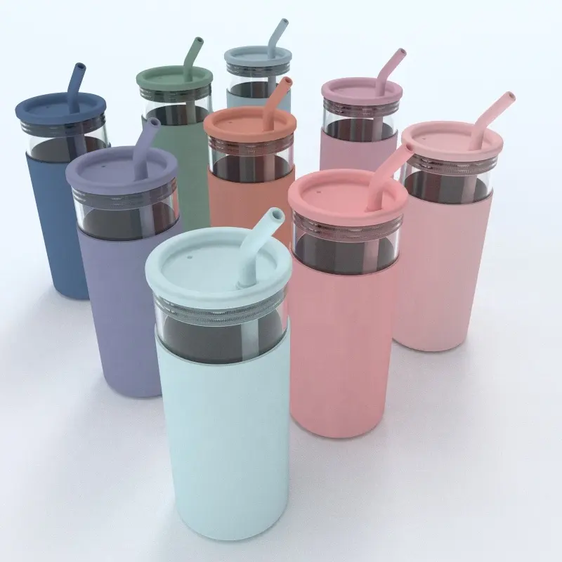 Wellfine BPA Free Wide Mouth Glass Water Bottle Travel Mug Cup with Silicone Protective Sleeve Drinking Cups with Lids and Straw