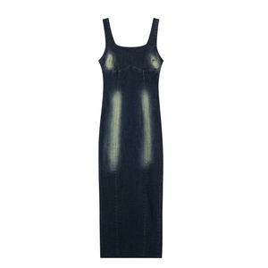 ZHEZHE moda 2024 verano Mujer sin mangas cuello cuadrado Maxi vestidos de mezclilla elástico único Jeans elegante vestido dividido - Product Image 5