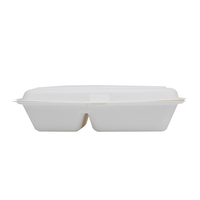 100% Bagasse blanche compostable 9 "x 6" Papier à emporter 2 compartiments Boîte à lunch à clapet